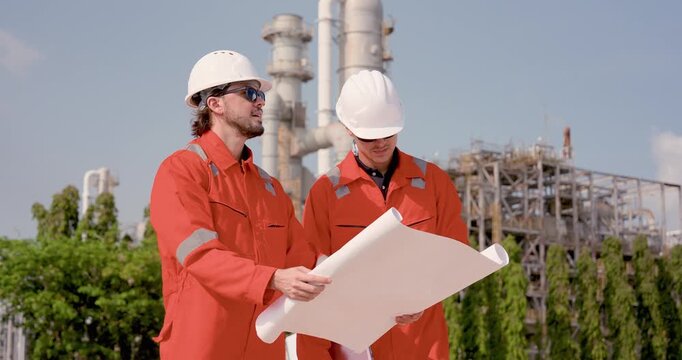 Two male refinery engineer study blueprint near processing unit, reviewing maintenance plan, safety inspection checklist, compliance audit, hazard control for petrochemical operation onsite.