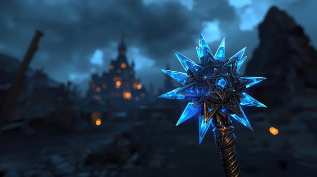 Glowing magical blue crystal mace weapon held in a dark fantasy landscape with a mysterious glowing castle in the background at night