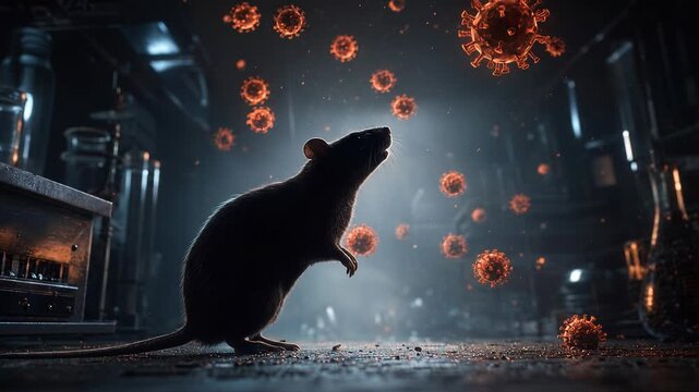 Dramatic HANTAVIRUS Outbreak Visualized A Silhouetted Rat in a Dark Laboratory Surrounded by Menacing Viral Particles, Symbolizing Disease Research and Zoonotic Threat