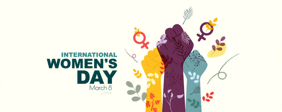 Colorful illustration of raised fists with floral patterns celebrating international womens day on march eighth