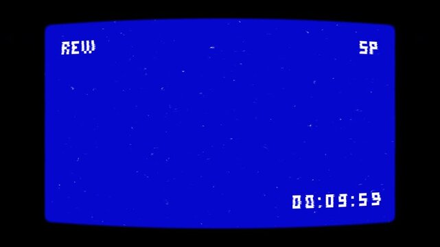 Retro vhs rew tv screen with blue screen, ideal for creating nostalgic 80s or 90s vibes. Vintage VCR Camcorder Display Interface, Rewind Effect Overlay,