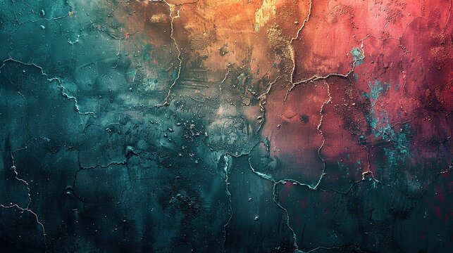 Distressed textured abstract backdrop with worn surface, light leaks and color shifts, vibrant teal left fading to pale pink‑white top‑center, yellow‑green upper‑right tint, dark black‑gray right‑bott