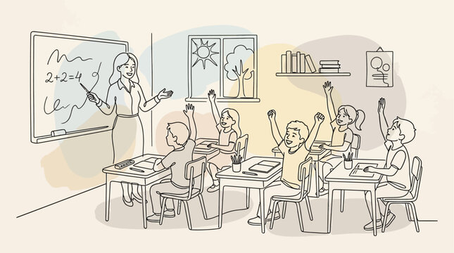 Teacher explaining math equations to elementary students in classroom during lesson