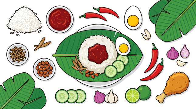 Flat Vector Illustration of Malaysian Nasi Lemak with Ingredients
