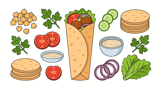 Flat Vector Illustration of Middle Eastern Falafel Wrap with Ingredients