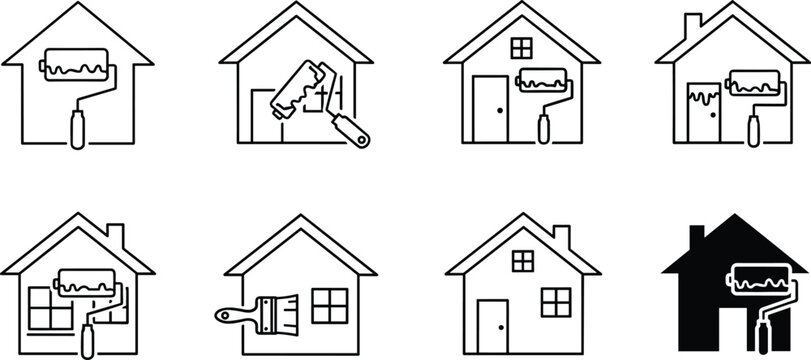 House Painting Service Icon Set with Home Renovation Paint Roller and Interior Improvement Symbols Vector Collection