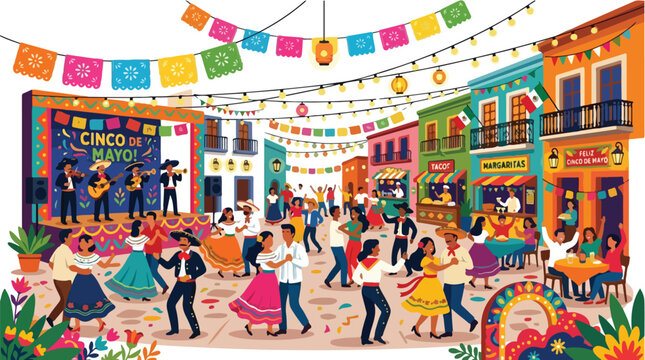 Vibrant Cinco de Mayo celebration in a lively Mexican town square with mariachi music, traditional dancing, and festive decorations, a colorful 2D vector illustration.