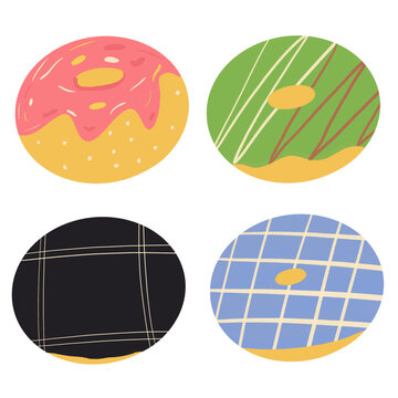 Cute colorful donat illustration set in flat cartoon style