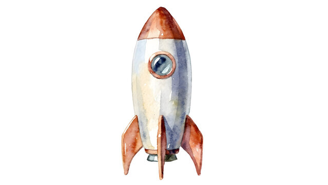 Vibrant watercolor illustration of a classic rocket ship, symbolizing ambition, progress, and future endeavors, perfect for themes of innovation and success on a clean white background
