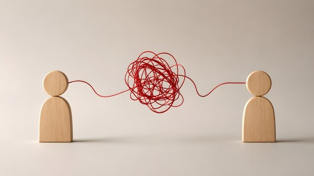 Two wooden figures connected by a messy, tangled red string. Concept of miscommunication, relationship conflict, complex negotiation, or difficult business partnerships requiring resolution.