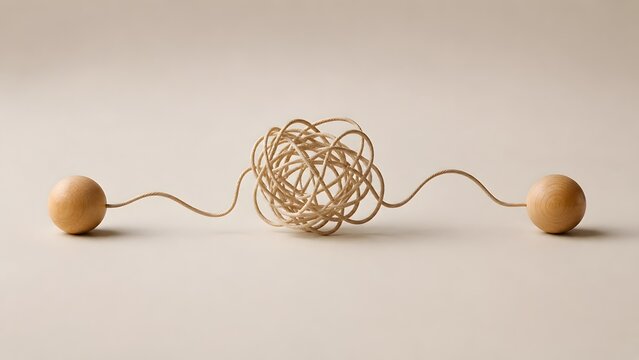 Tangled string connecting two wooden spheres on a beige background. Concept of solving complex problems, miscommunication, conflict resolution, and finding solutions in business or relationships.