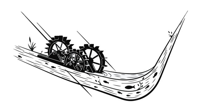 Flowing water turns wheels of innovation in a stylized river