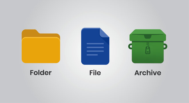 A set of three colored flat vector icons representing folder, file, and archive for organization and storage