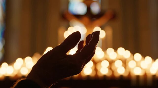 Silhouette of a devoted hand reaching upward in sacred worship with a radiant cross and blurred candles, capturing a profound spiritual connection during a holy Easter night celebration.