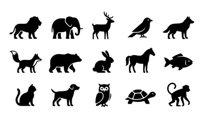 Obraz premium Wild and Domestic Animal Silhouette Icon Set Featuring Lion, Elephant, Deer, Bear, Fox, Horse, Dog, Cat, and Owl for Nature, Wildlife, and Pet Graphic Designs