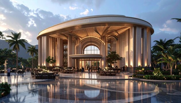 Grand Ballroom- -A sprawling ballroom with gold-leaf vaulted ceilings, 