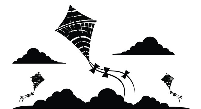 Joyful black silhouette kites soaring through a cloudy sky on a bright day