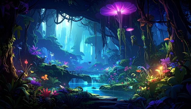 Firefly_Bioluminescent Jungle- -A dense alien jungle at night where every plant glows with 