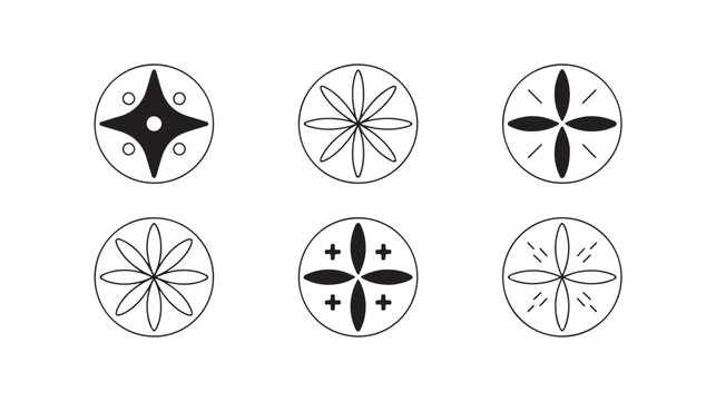 Set of traditional japanese flower and star kamon emblems, traditional asian family crests.
