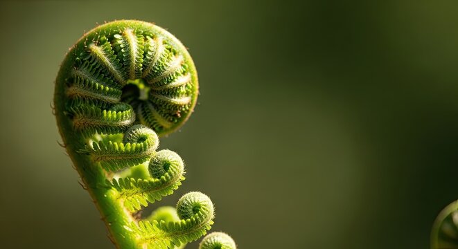 Green fern fiddlehead unfurling in golden morning sunlight
