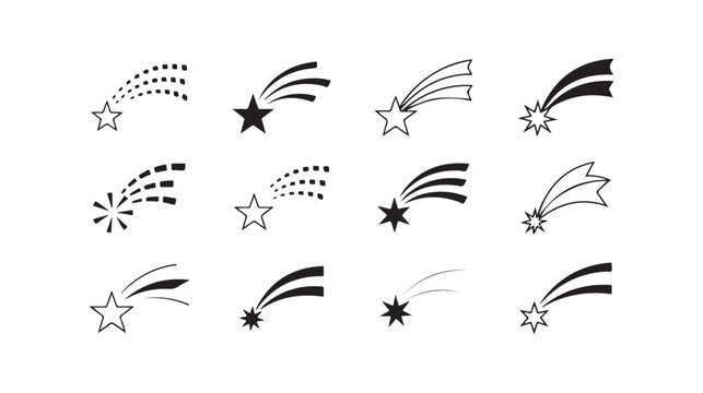 Set of shooting star icons, comet tails, various falling stars, celestial objects collection.