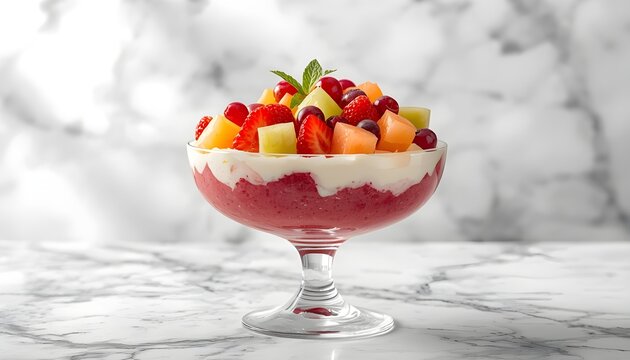   
Colorful tropical fruit chaat in clear glass bowl with banana apple mango and cherries healthy vegetarian snack food photography