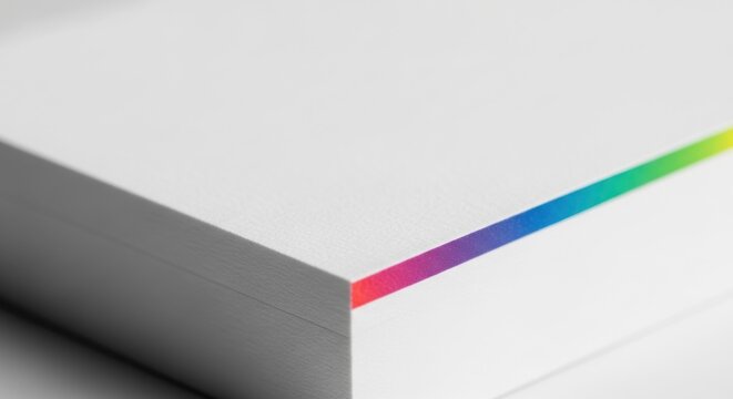 White paper stack with rainbow colored edge perfect for printing and stationery concepts with soft shadow and clean white background