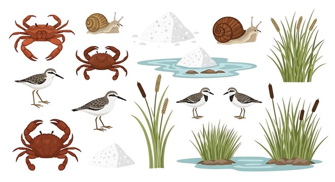 Set of salt marsh wildlife with crabs, snails, birds and reeds icons