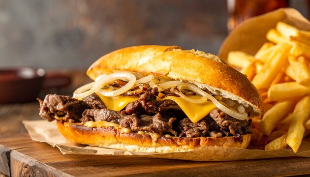 Delicious cheesesteak sandwich with melted cheese onions served on toasted hoagie roll wooden board