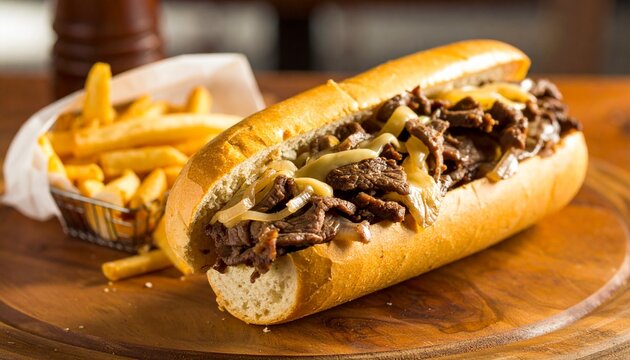 Delicious philly cheesesteak sandwich with melted cheese and sauted onions served on toasted hoagie roll with crispy fries
