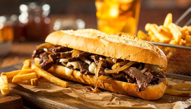 Classic cheesesteak sandwich with fries on wooden board toasted hoagie roll