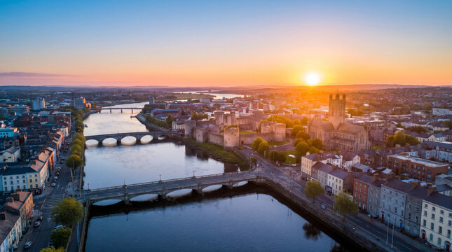 Panoramic aerial view of Limerick city at sunset, with the River Shannon flowing through the heart of the urban landscape.