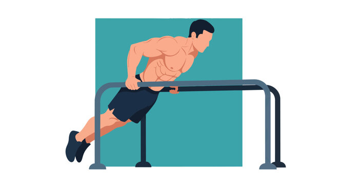 Athletic man doing push-up on parallel bars, demonstrating strength and fitness in a workout setting.