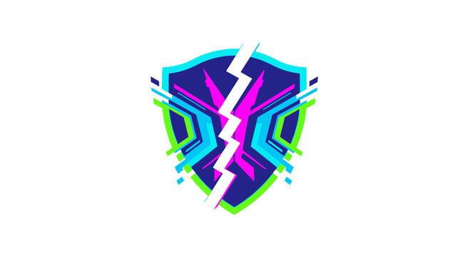 Abstract Cyber Shield Emblem with Glitch Effect and Neon Colors