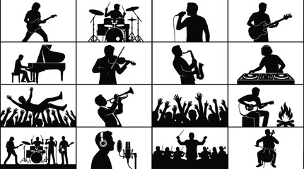Collection of black silhouette depicting various musicians, musical instruments, and live concert performances on a plain white background, for music event concepts © MD