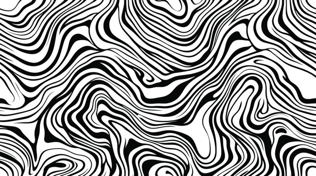 Abstract seamless pattern of intertwining black and white liquid marble swirls and waves