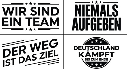 German football fan slogans and motivational quotes set with stars and geometric lines, black typography on a white background, for sports apparel, and projects © MD