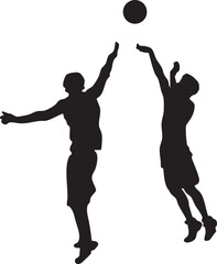 Silhouette of two basketball players jumping for a rebound dynamic action shot for sports graphics and athletic concepts isolated on white © aftab