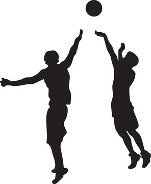 Silhouette of two basketball players jumping for a rebound dynamic action shot for sports graphics and athletic concepts isolated on white