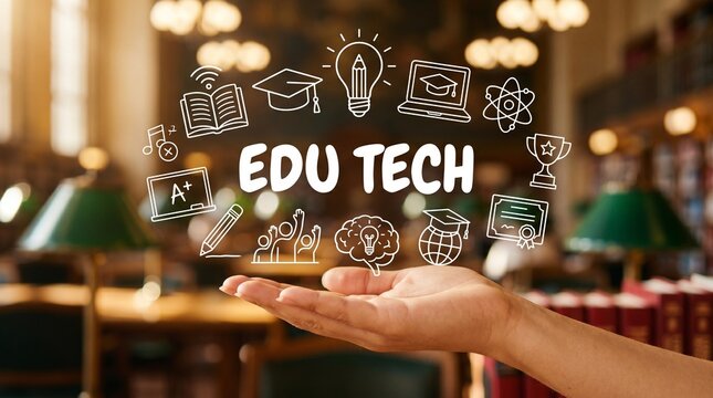 Hand holding digital education technology icons in a library background
