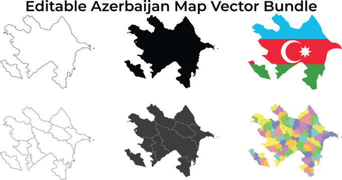 Azerbaijan map bundle: outline, solid, flag, and regions