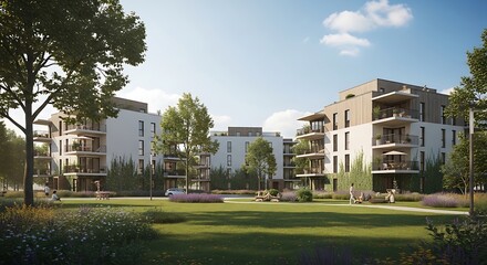 Fototapeta premium Modern apartment buildings with balconies and green spaces in a serene suburban neighborhood setting