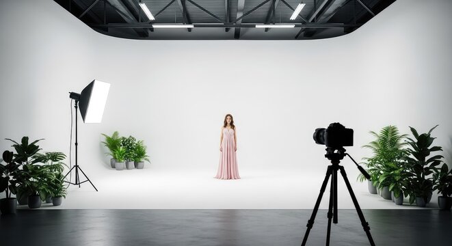 A spacious industrial warehouse photo studio features a white cyclorama wall, lush green potted plants, professional camera, and soft light, creative, loft, light