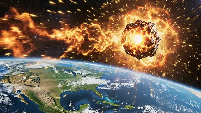 Massive asteroid exploding in outer space near planet Earth. Fiery fragments and debris scattering towards the atmosphere above North America. Apocalyptic disaster and cosmic impact concept.