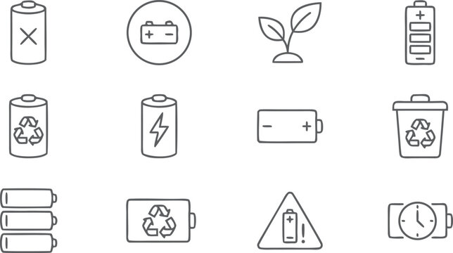 Set of battery recycling and green energy conservation line icons for environmental website vector