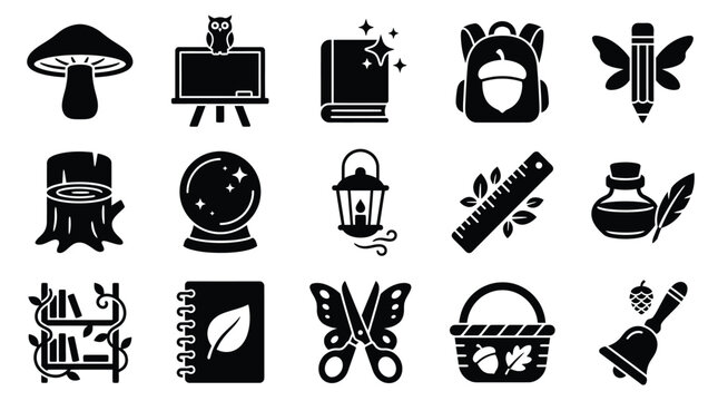 Collection of whimsical icons representing education, nature, and magic with a fantasy theme.