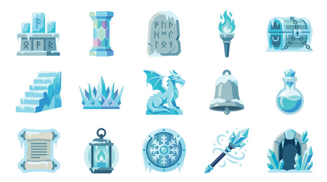 Collection of fantasy ice and frost themed game assets and icons.
