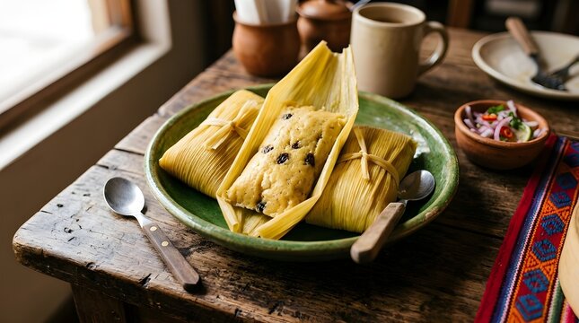 Traditional Peruvian sweet humitas served on wooden table close up green tamale dish
