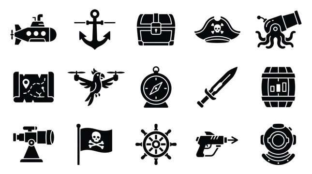 Collection of pirate-themed icons including a submarine, anchor, treasure chest, and pirate hat.