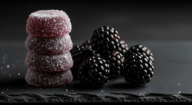 A beautiful stack of dark purple elderberry gummy candies arranged artistically next to a pile of fresh ripe blackberries on a textured black slate surface